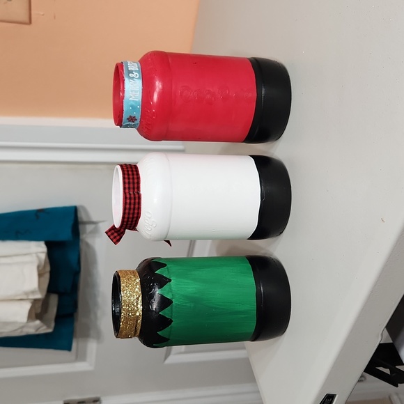 Hand Crafted/Upcycled Santa, Elf, Snowman Jar Set of 3 Holiday Decor - Picture 3 of 6